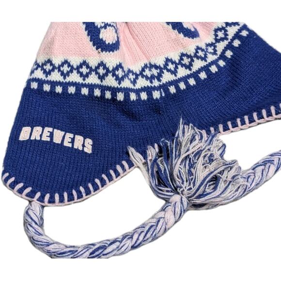 Milwaukee Brewers Knit Stocking Cap Ear Flaps Pibk White Blue Beanie-Hat Ladies - Picture 3 of 4